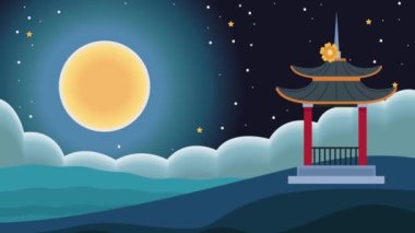 mid autumn animation with pagoda ,4k video animated