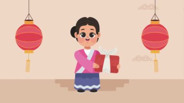happy chuseok animation with woman ,4k video animated