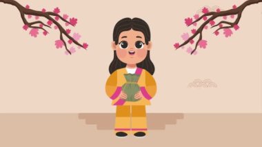 happy chuseok animation with traditional woman ,4k video animated