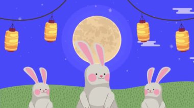happy chuseok animation with rabbits ,4k video animated