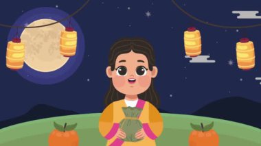 happy chuseok animation with woman ,4k video animated