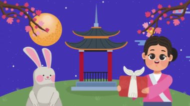 happy chuseok animation with woman ,4k video animated