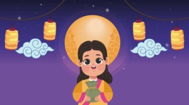 happy chuseok animation with woman ,4k video animated