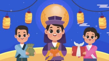 happy chuseok animation with people ,4k video animated
