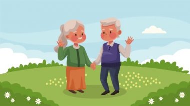 happy old couple in landscape ,4k video animated