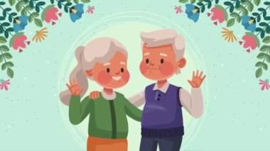 happy old couple with flowers characters ,4k video animated