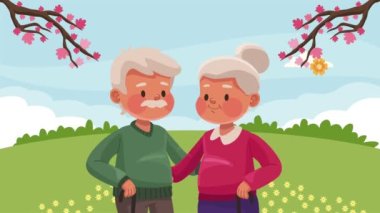 happy old couple in landscape ,4k video animated
