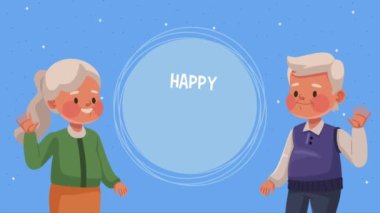 happy old persons day lettering with grandparents ,4k video animated