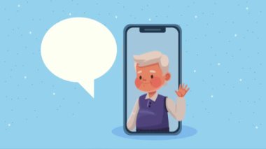 happy old man in smartphone animation ,4k video animated