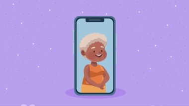 happy old woman in smartphone animation ,4k video animated