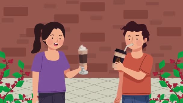 Couple Drinking Coffee Plants Video Animated — Vídeo de Stock
