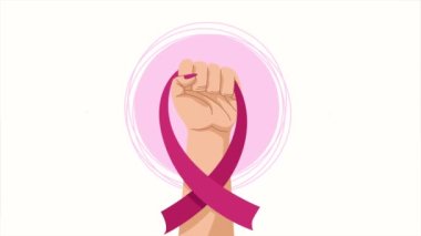 breast cancer animation with hand lifting ribbon ,4k video animated
