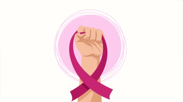 Breast Cancer Animation Hand Lifting Ribbon Video Animated — Video