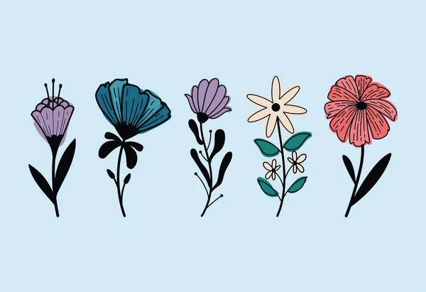 Five Flowers Garden Nature Set Icons — Stockvector