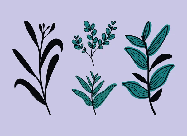 Four Leafs Plants Foliage Icons — Vettoriale Stock