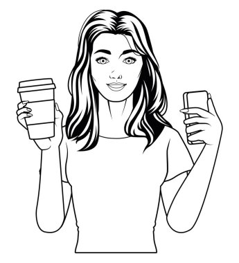 woman with coffee and smartphone character drawn