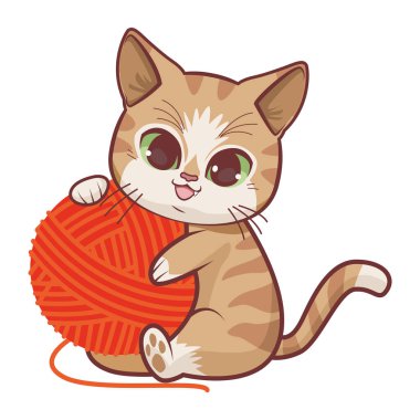 cute cat with ball of yarn anime style