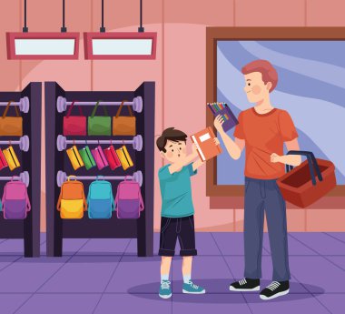 dad and son buying supplies characters