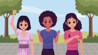breast cancer animation with girls group ,4k video animated