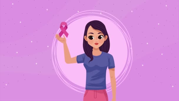 Breast Cancer Animation Woman Lifting Ribbon Video Animated — Vídeo de Stock