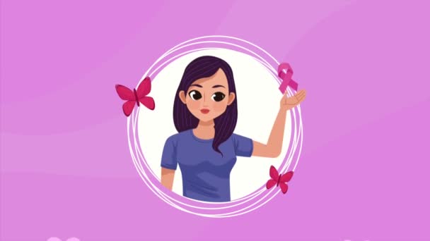 Breast Cancer Animation Woman Lifting Ribbon Video Animated — Stock Video