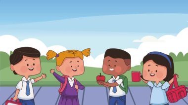 interracial little students kids characters ,4k video animated