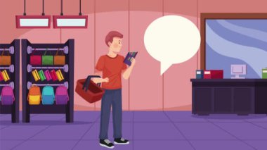 man buying supplies back to school animation ,4k video animated