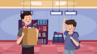 father and son buying supplies animation ,4k video animated