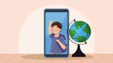 young student boy in smartphone ,4k video animated