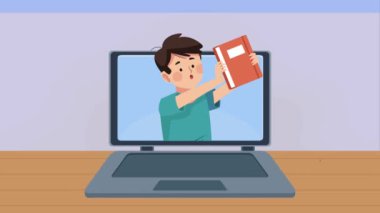 young student boy in laptop ,4k video animated