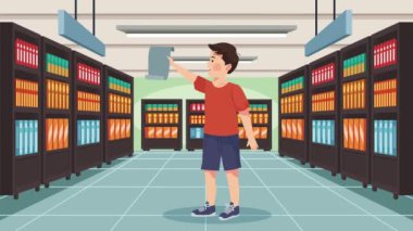 student boy in library with supplies list ,4k video animated