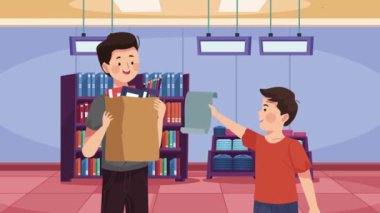 father and son buying school supplies ,4k video animated