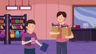 father and son buying school supplies ,4k video animated