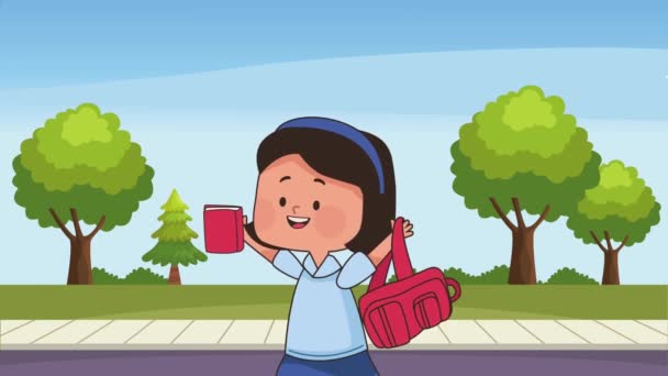 Маленька Шкільна Дівчинка Шкільною Сумкою Відео Анімовані — стокове відео
