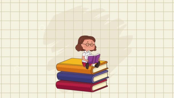 Little School Girl Reading Book Video Animated — Stok video