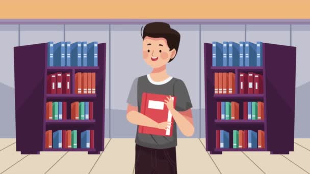 Young Student Boy Library Animation Video Animated — Video Stock