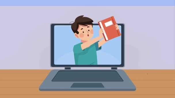 Young Student Boy Laptop Video Animated — Vídeos de Stock