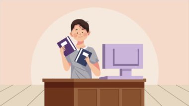 young student with books animation,4k video animated