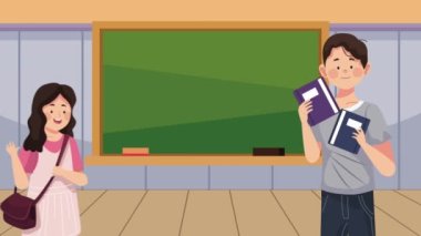 little student girl with teacher in classroom ,4k video animated