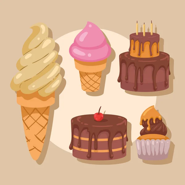 Gâteaux Dessert Nourriture Icône Ensemble — Image vectorielle