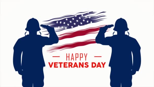 兵士や旗を持つ幸せな退役軍人の日のレタリング 4Kビデオアニメーション — ストック動画