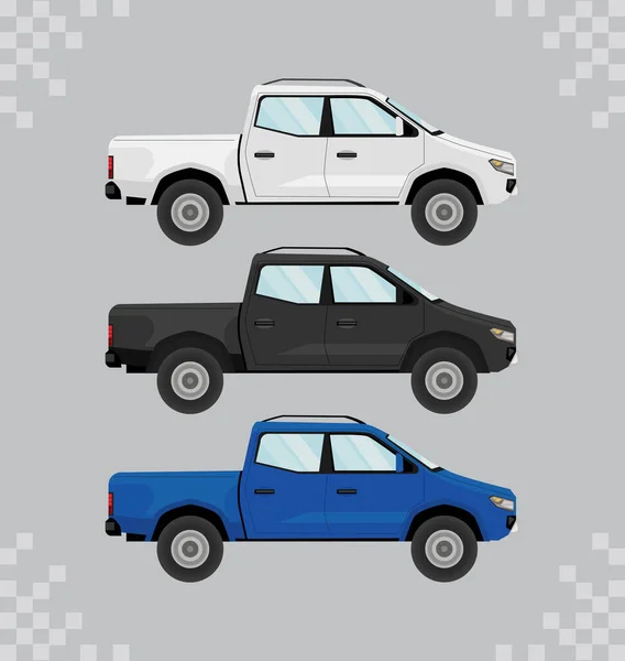 Trois Véhicules Maquette Camion Icônes — Image vectorielle