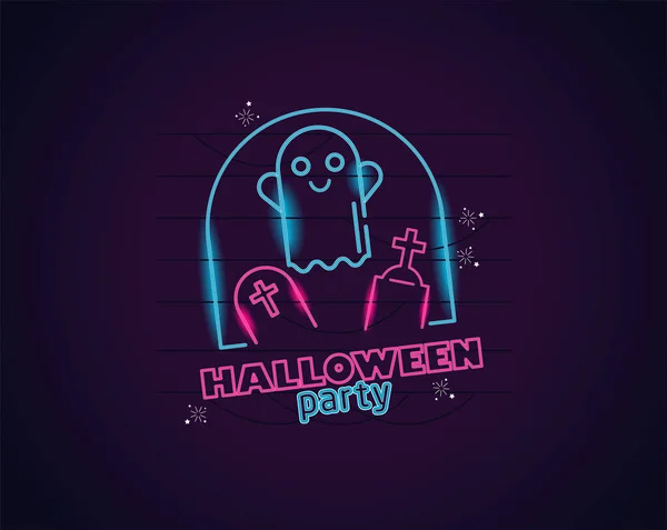 Halloween Festa Neon Lettering Com Fantasma —  Vetores de Stock