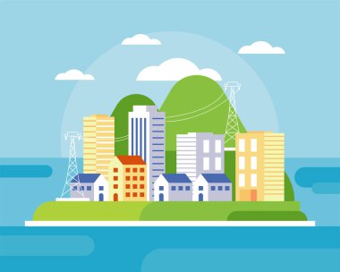 Renkli binalar şehir manzarası posteri