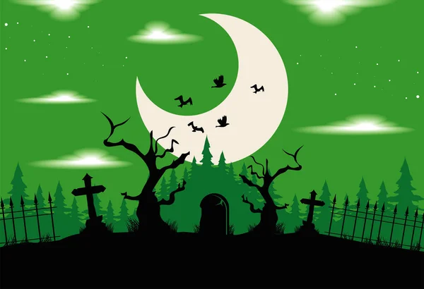 Halloween Cemitério Lua Cena — Vetor de Stock