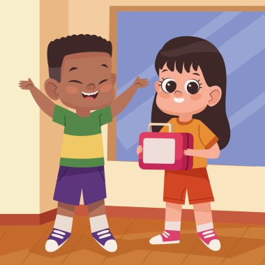 Beslenme çantası karakterli ırklar arası öğrenciler.