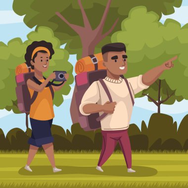 Afro gezginler çift yürüyen karakterler