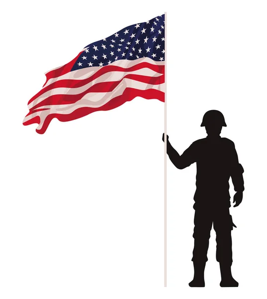 Soldat Med Usa Flagga Siluett — Stock vektor