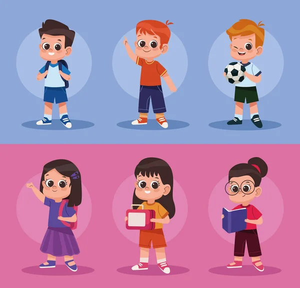 Seis Pequeños Estudiantes Niños Personajes — Vector de stock