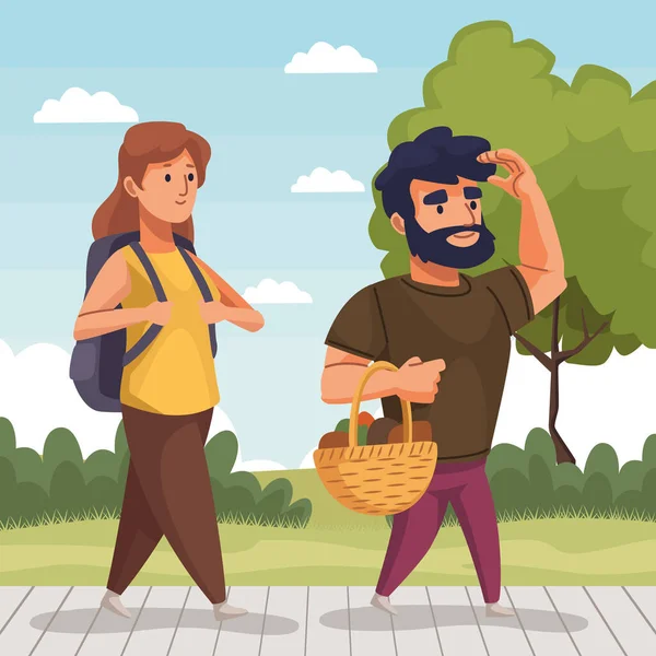 Viajeros Pareja Caminando Los Personajes Del Parque — Vector de stock